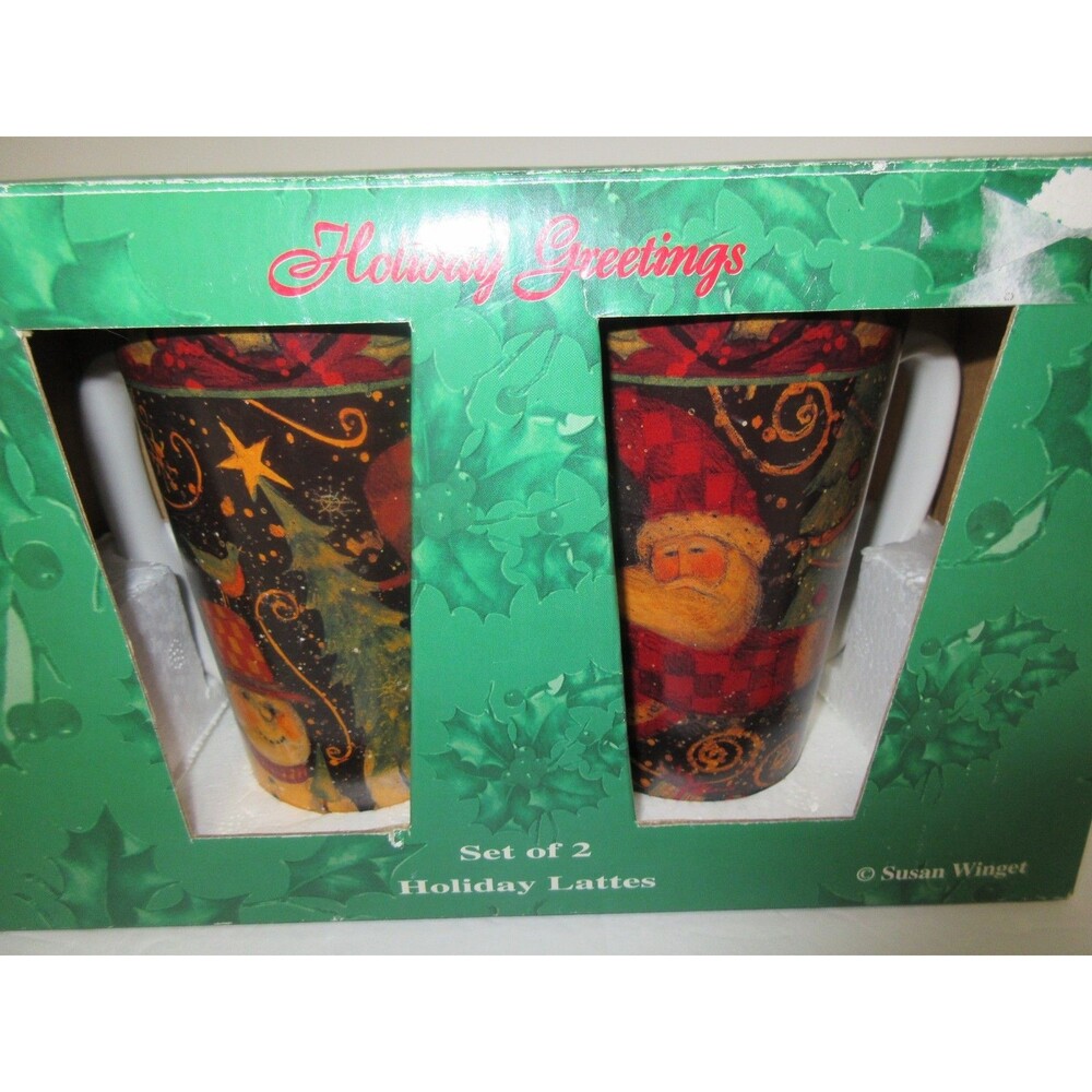 Set of two (2) vintage Susan Winget Latte Mugs Holiday Christmas Winter Cups